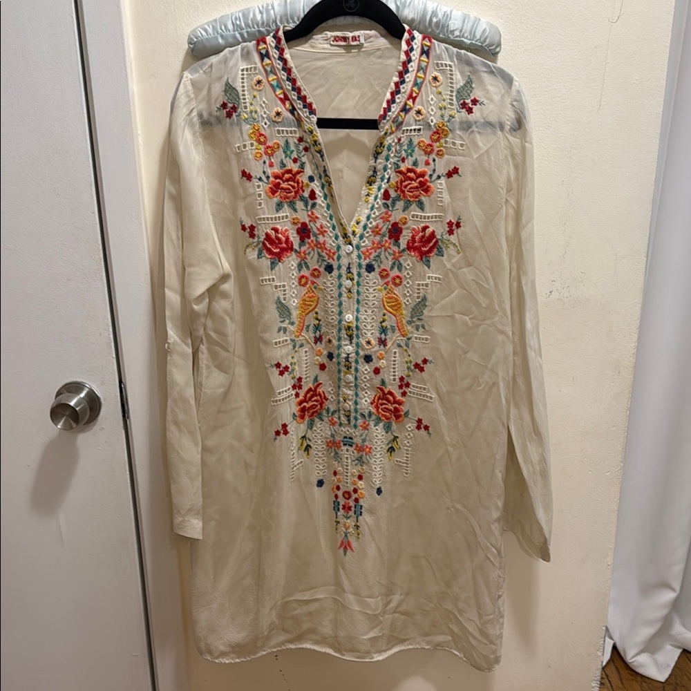 Johnny Was Cream Embellished Tunic with Mandarin Collar